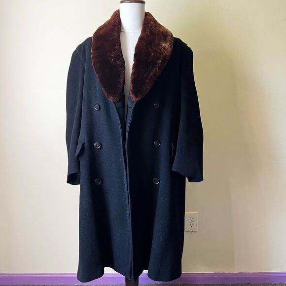 Vintage 1940s Simpson Piccadilly Wool Coat Double Breasted Faux Fur Shawl Collar - Picture 10 of 14